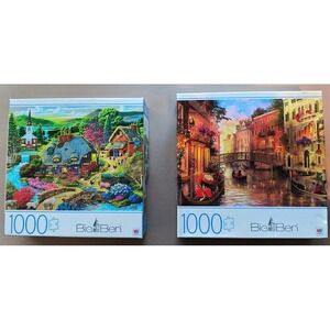 MB Big Ben 1000 Pc Jigsaw Puzzle Bundle Country Cottage & Sunset in Venice EUC